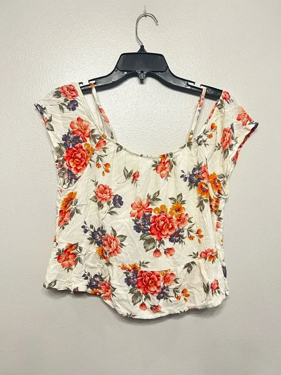 AE Floral Tie-Front Crop Top Cream Floral Crop Strapy Cottagecore Boho - Picture 6 of 8